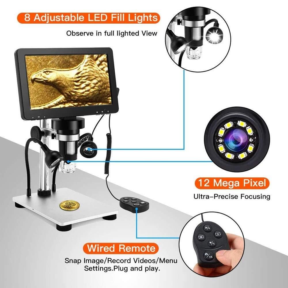 Digitales LCD-Mikroskop Mit 7 Zoll, 1200-Facher Auflösung, 12-Megapixel-Fotokamera, Kompatibel Mit Pc, Video 1080P, Metallunterstützung Für Stromversorgung Und Stromverso