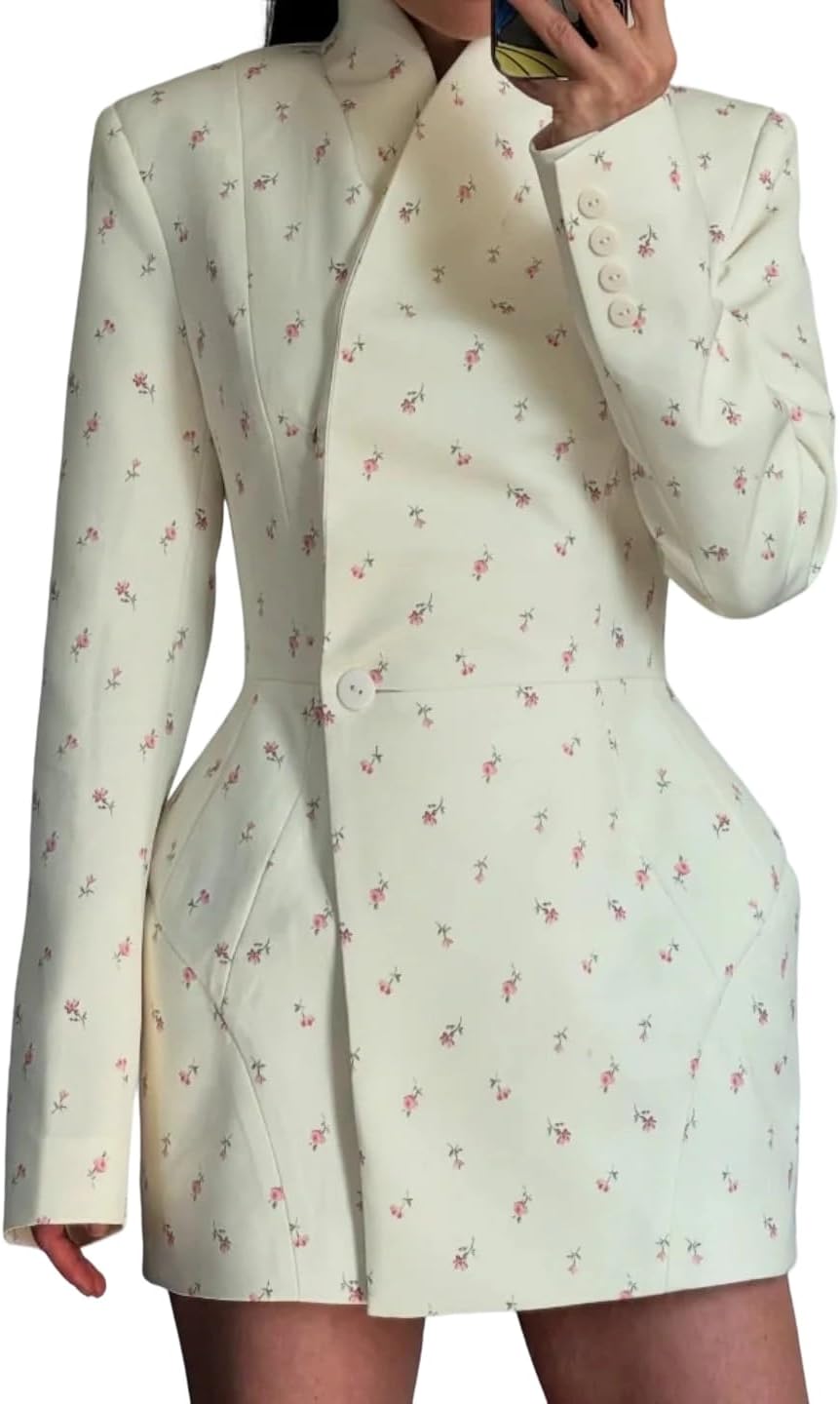 Women's Solid Color Waist-Cinching Floral Padded Shoulder Long Sleeve Single-Breasted Elegant Suit Jacket