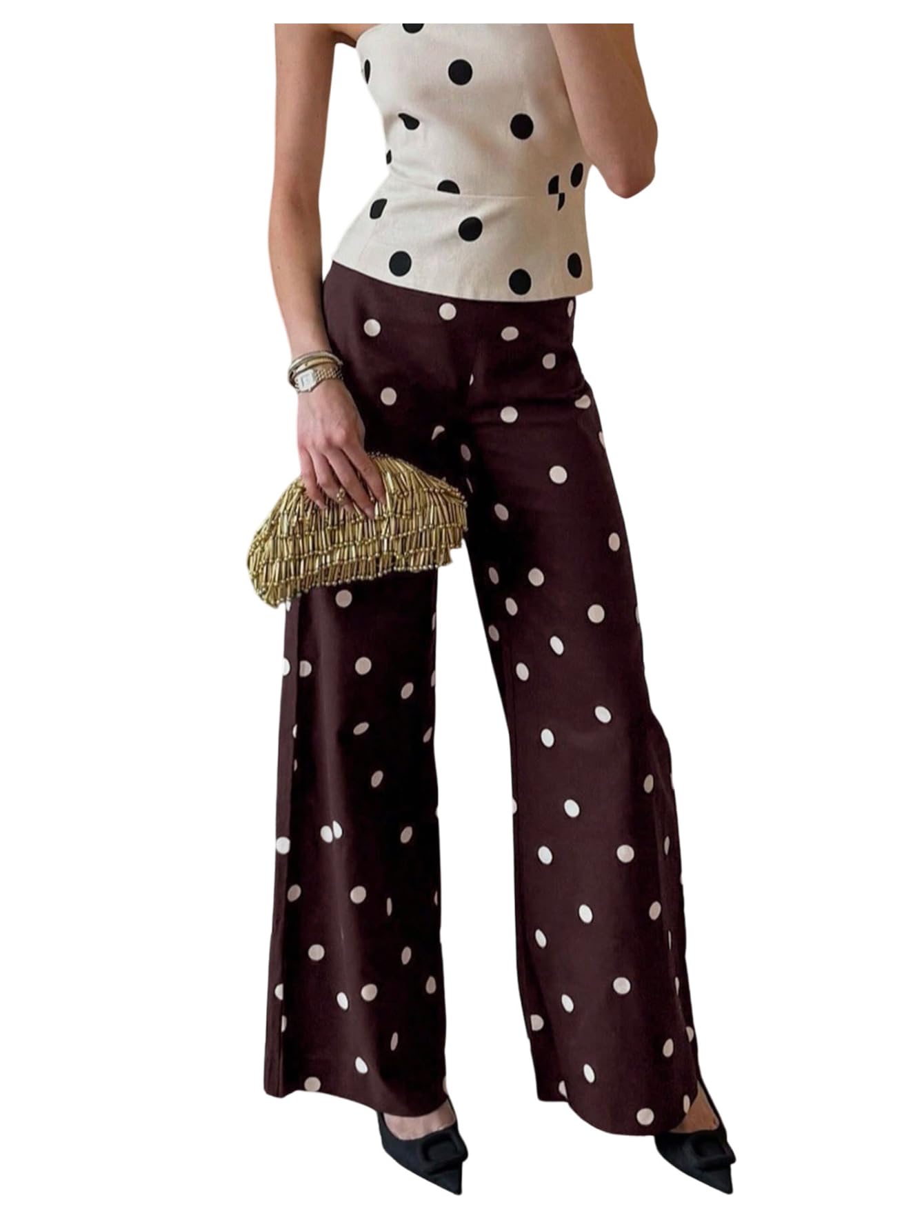 MakeMeChic Womens Polka Dots Wide Leg Pants Low Waist Causal Office Work Long Trousers