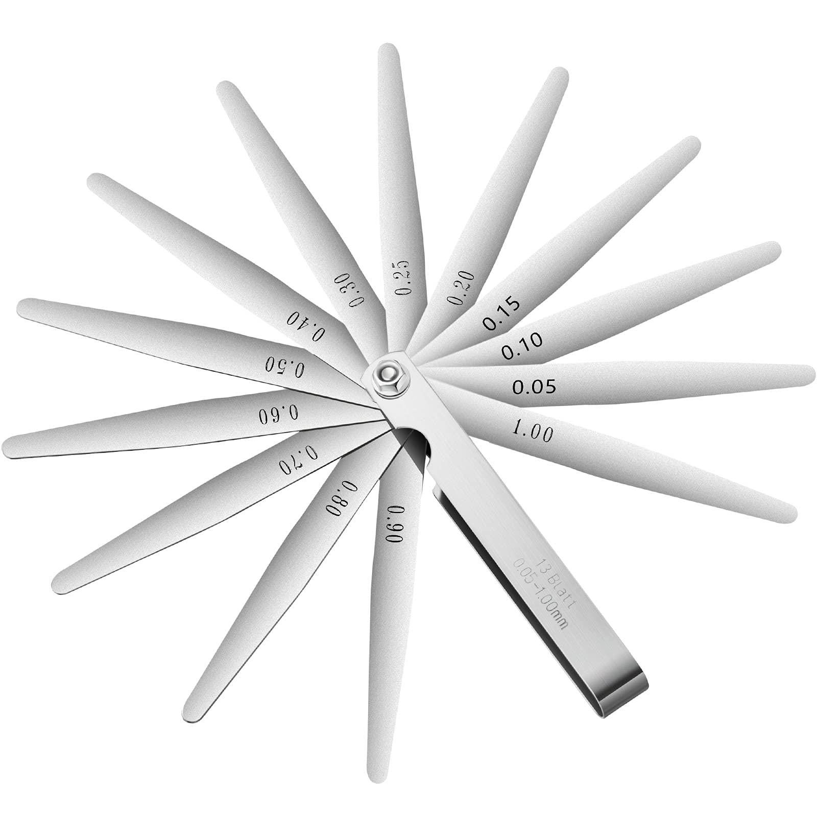 Hotop 13 Blades Steel Feeler Gauge Tapered Feeler Gauge Set Stainless Steel Dual Marked Metric and Imperial Measuring Tool for Measuring Gap Thickness or Width(0.05-1.00 mm)