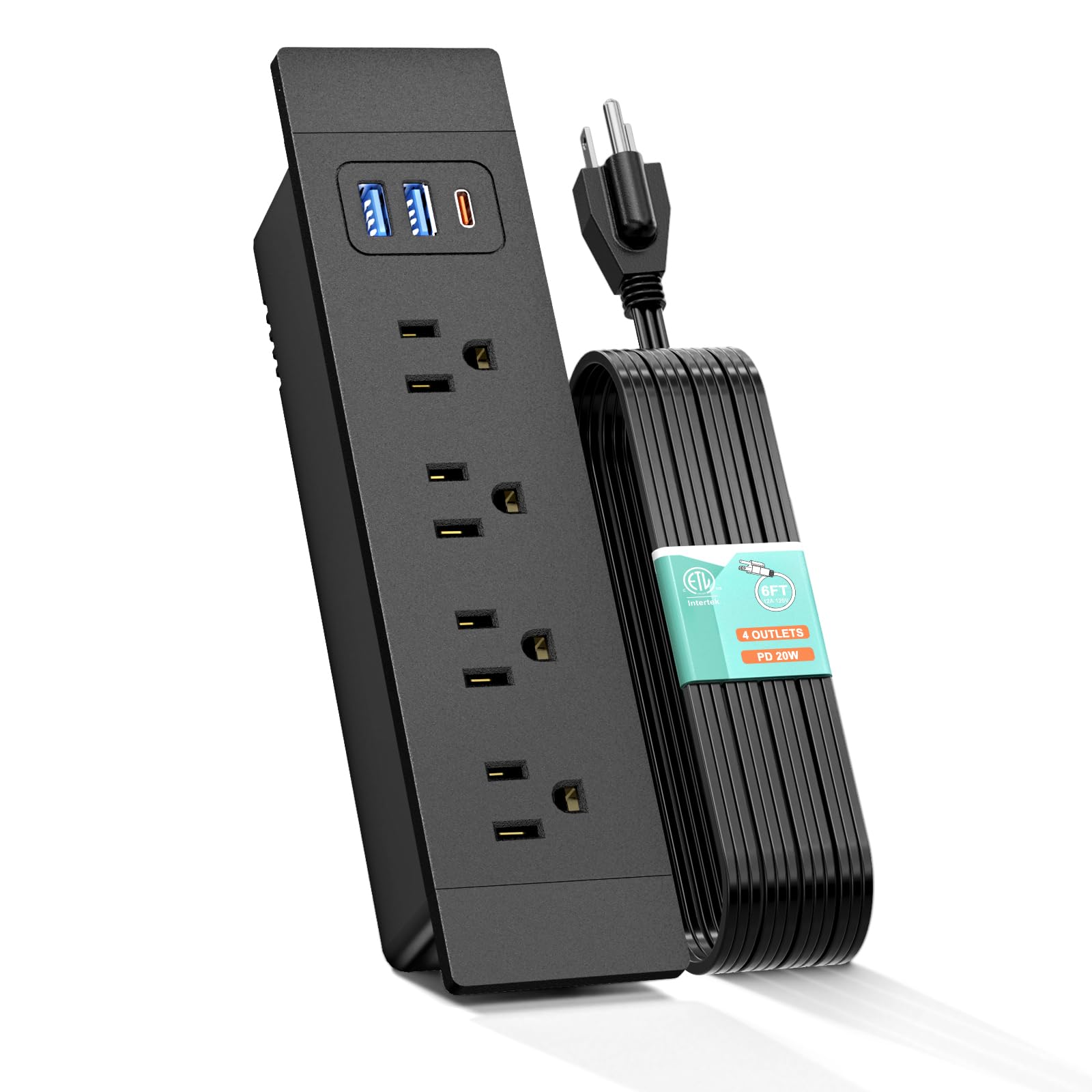 QBA Recessed Power Strip with USB C PD 20W, Desk Outlet with 4 AC Outlets and 3 USB Ports, Flush Mount Power Strip for Furniture Side Table Cabinet Drawer, 6ft Cord, ETL Listed, Black