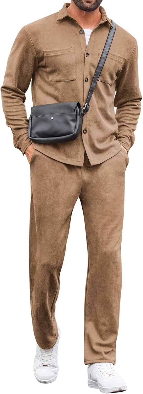 LecGee Men’s Fall Faux Suede 2 Piece Tracksuit Button Down Long Sleeve Jacket Loose Pants With Pocket Fashion Casual Set