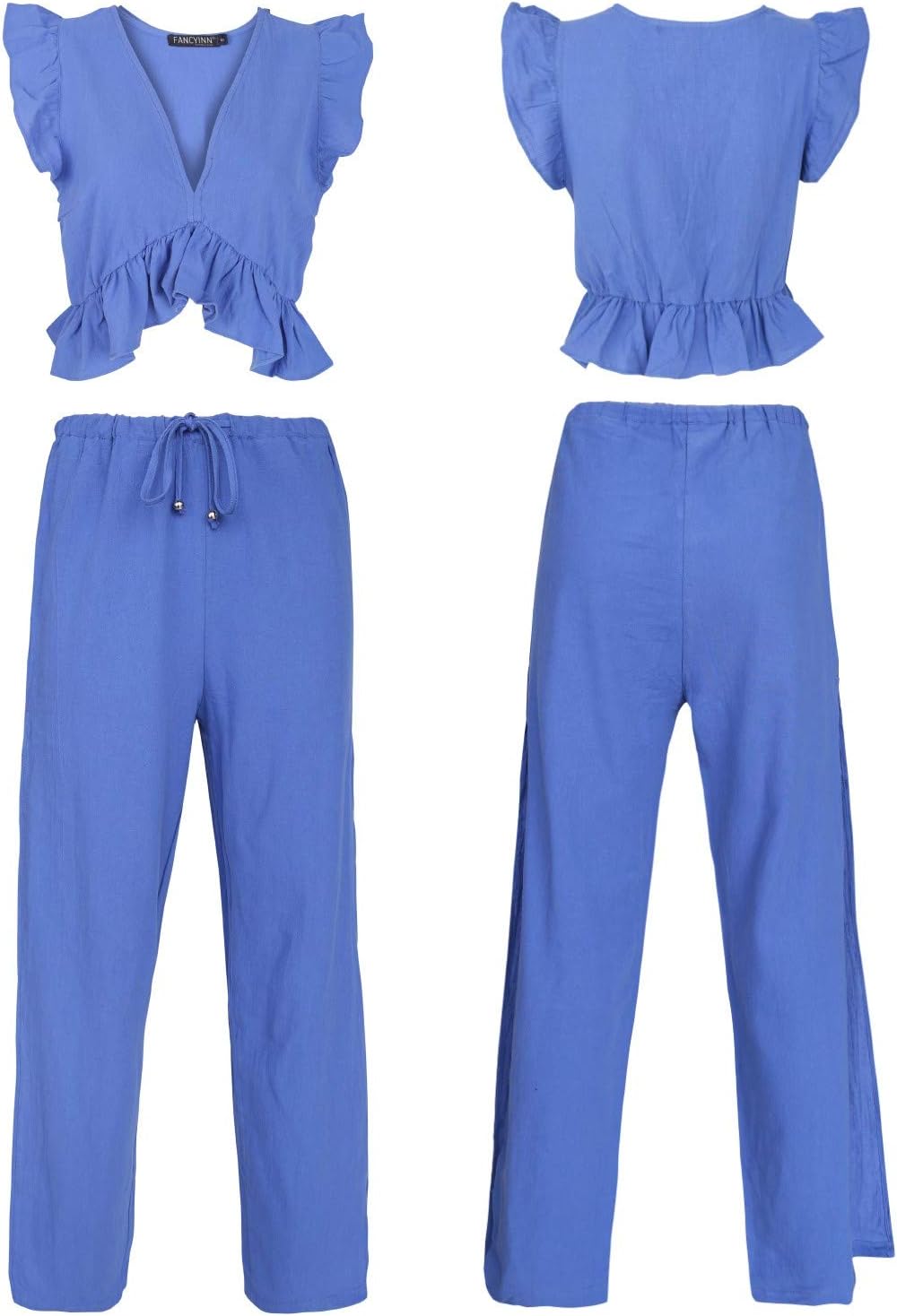 FANCYINN Womens 2 Pieces Outfits Deep V Neck Crop Top Side Slit Drawstring Wide Leg Pants Set Jumpsuits - Image 5