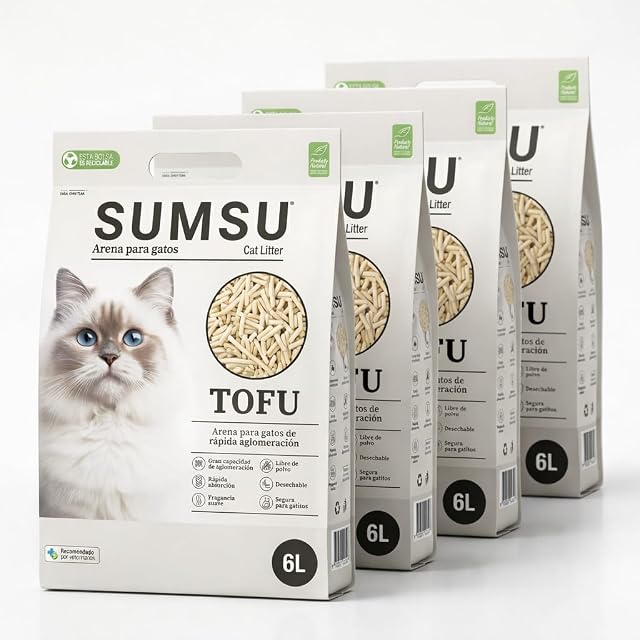 SUMSU Arena de Tofu para Gatos 24L (4X 6L), Aglomerante Rápida, 99% Sin Polvo, Control de Olores