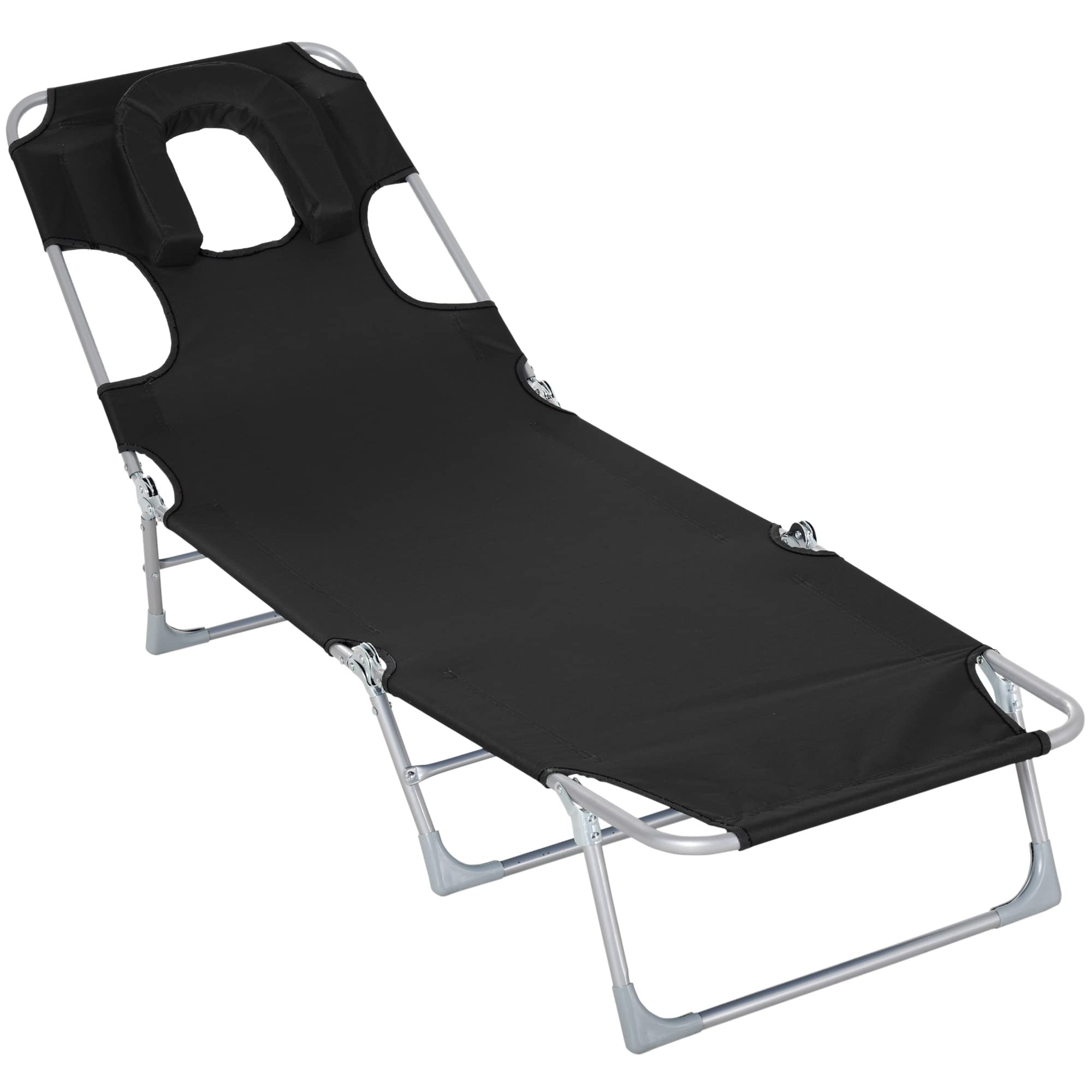 Outsunny Tumbona Reclinable y Plegable de Jardín con Orificio de Lectura Reposacabezas y Respaldo Ajustable en 5 Niveles para Playa 182x56x24,5 cm Negro
