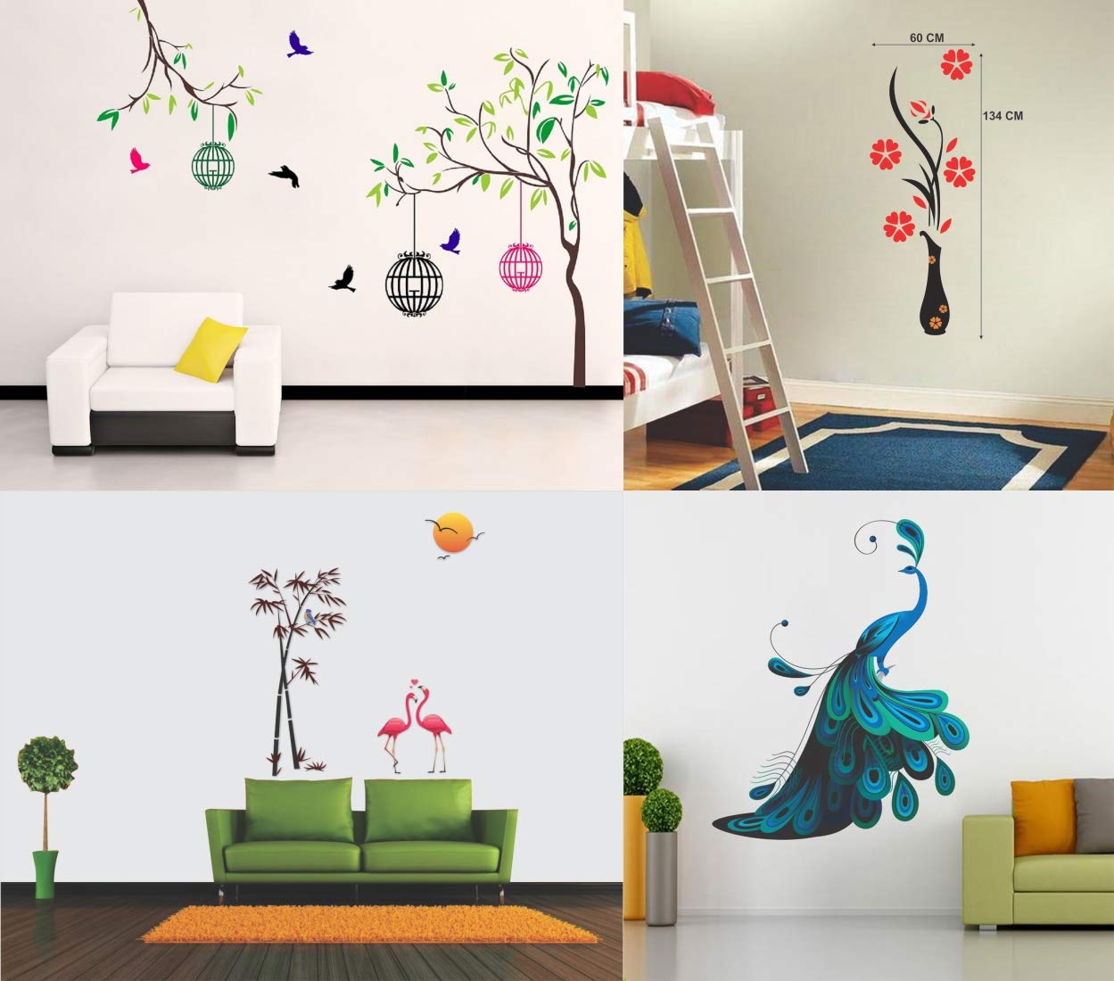 Walltech Combo of 4 Wall Sticker Free Bird case-(150 x 115 cms) | Flower vase red-(60 x 134 cms) | Flamingos and Bamboo-(150 x 125 cms) | Modern Peacock-(90 x 75 cms) - Material Vinyl