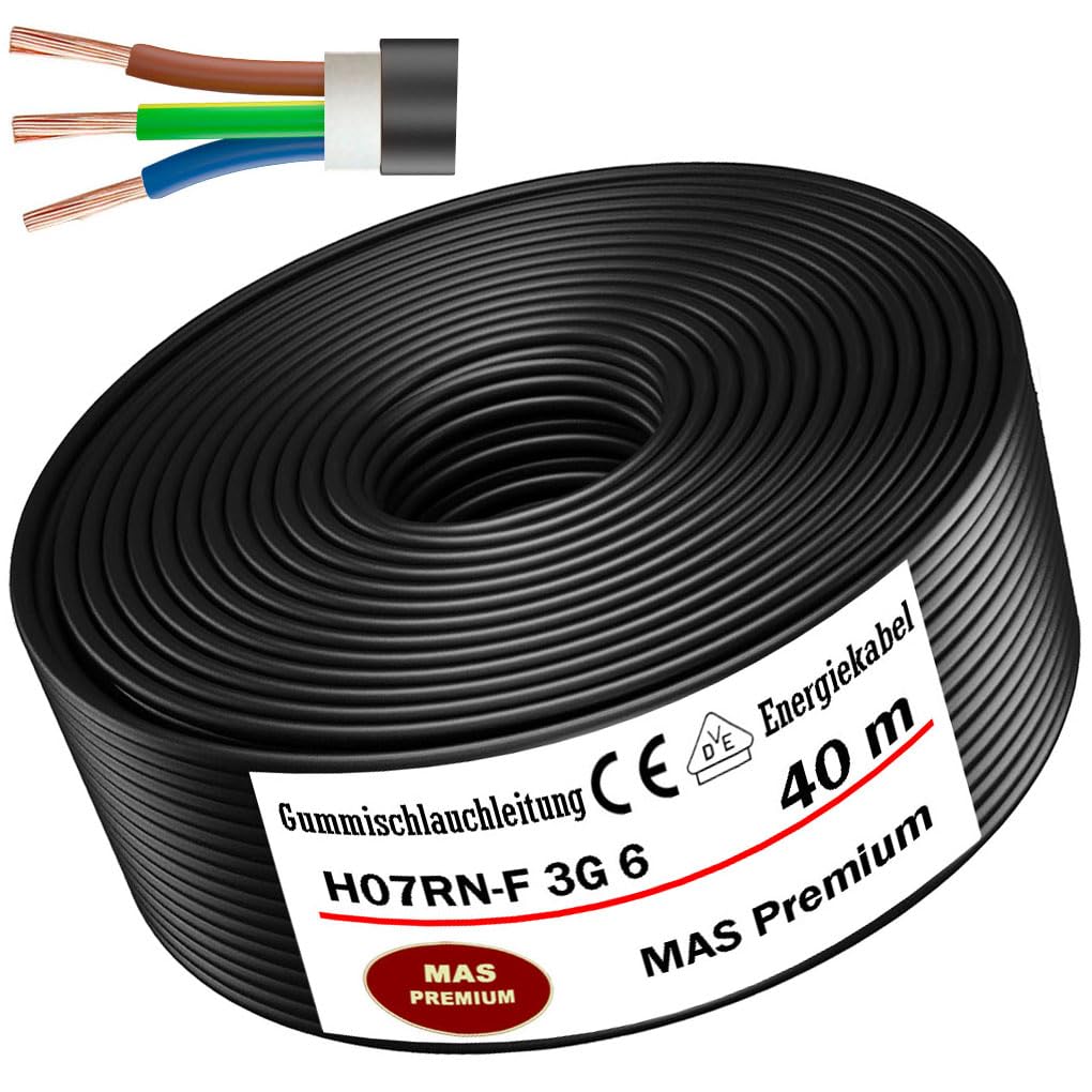 MAS Premium Wąż gumowy, 5-100 m, kabel zasilający do budowy H07RN-F 3G 1, 3G 1,5, 3G 2,5, 3G 4, 3G 6, 3G 10 lub 3 x 1,5, elastyczny przewód do ciężkich urządzeń (H07RN-F 3G6 mm², 40 m)