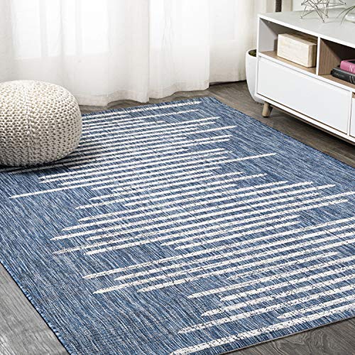 Image of JONATHAN Y Stripe Geometric Indoor Outdoor Area Rug 5X8 Blue /Ivory, Zolak Berber for Backyard, Patio, Porch, Easy-Cleaning, High Traffic, Pet-Friendly, Non-Shedding (SMB124C-5)
