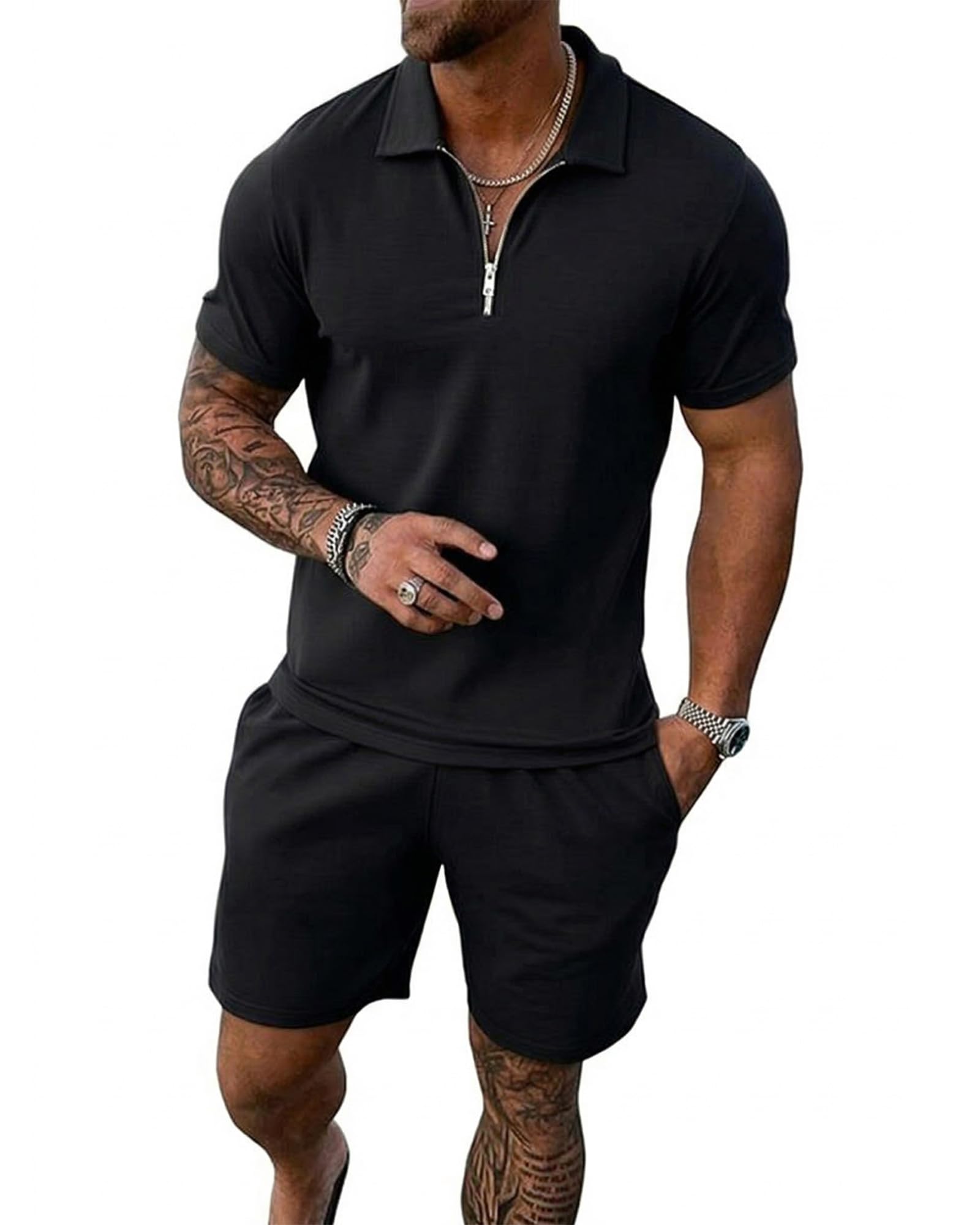 Uni Clau Mens Summer Track Suits 2 Piece Shorts Sets Short Sleeve Sweatsuit Outfits Zip Golf Casual Polo Shirts and Shorts