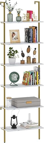 Miniatura 1 de Wolawu Estantería de escalera de 6 niveles de mármol blanco estantería moderna abierta alta para montaje en pared, estantes de pared inclinados,