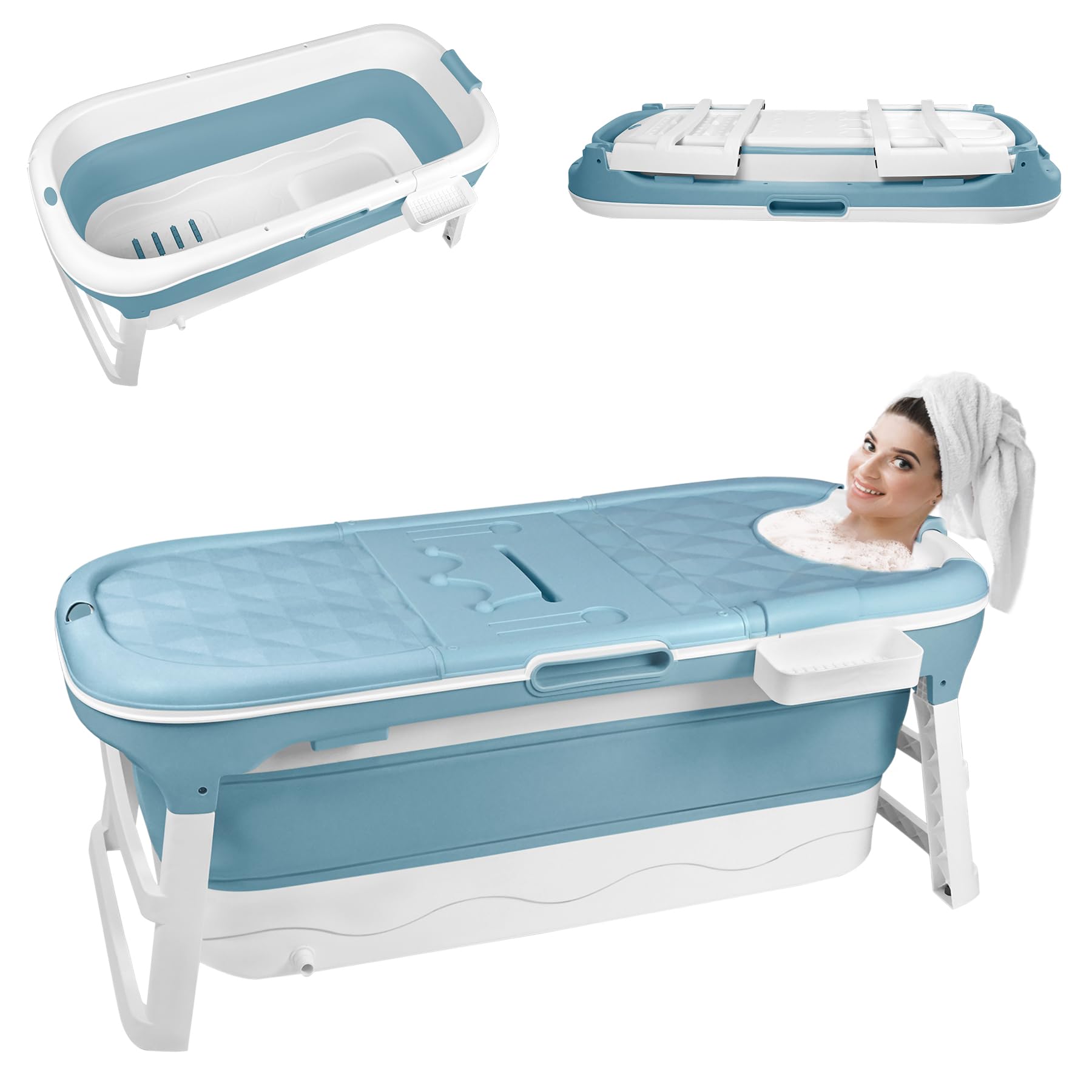 SUBTLETY Baignoire pliable pour adulte - Portable - Avec couvercle - Panier à savon et rouleaux de massage - À poser dans la douche - Idéal pour les petites salles de bain SPA (128 x 60 x 52 cm, bleu)