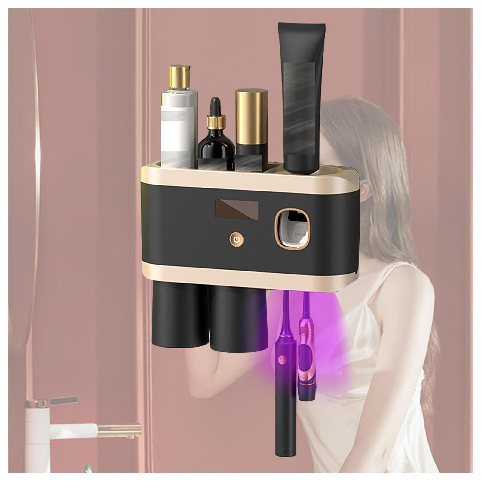 Soporte Cepillo De Dientes Inteligente Limpieza Profunda con UV, Porta Cepillo De Dientes Pared Montado En La Pared con Múltiples Ranuras De Carga Solar USB, Soporte Cepillo Electrico,2-Cups