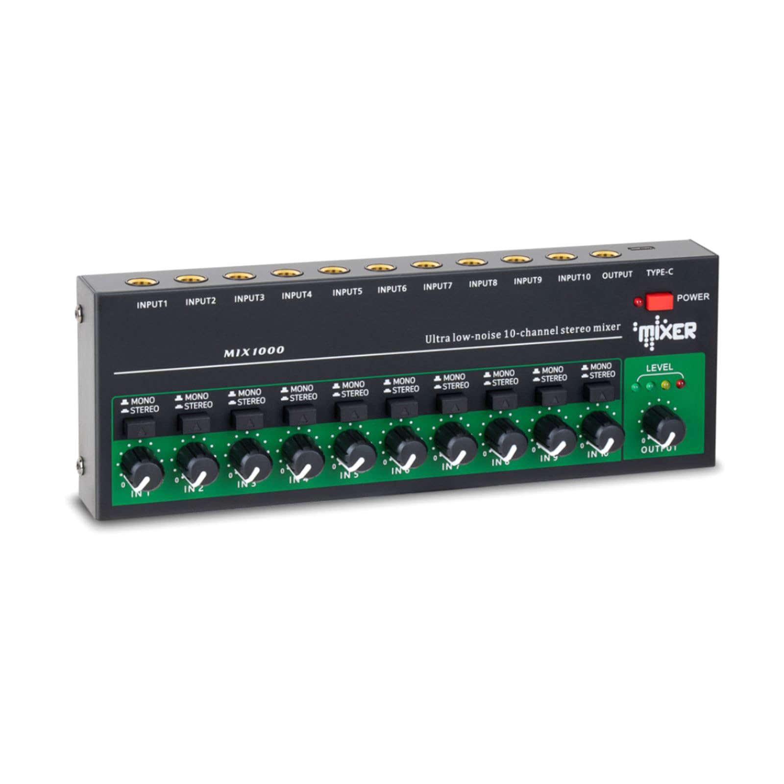 10-Channel Audio Mixer Stereo Mono Line Mixer 6.35mm TRS/TS Input
