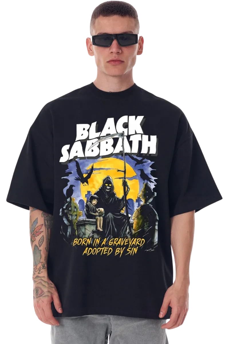 SkreamBlack Sabbath Heavy Metal Oversized T-Shirt for Men and Women, Drop Shoulder 100% Cotton, 200 GSM, Bio-wash Tee Black