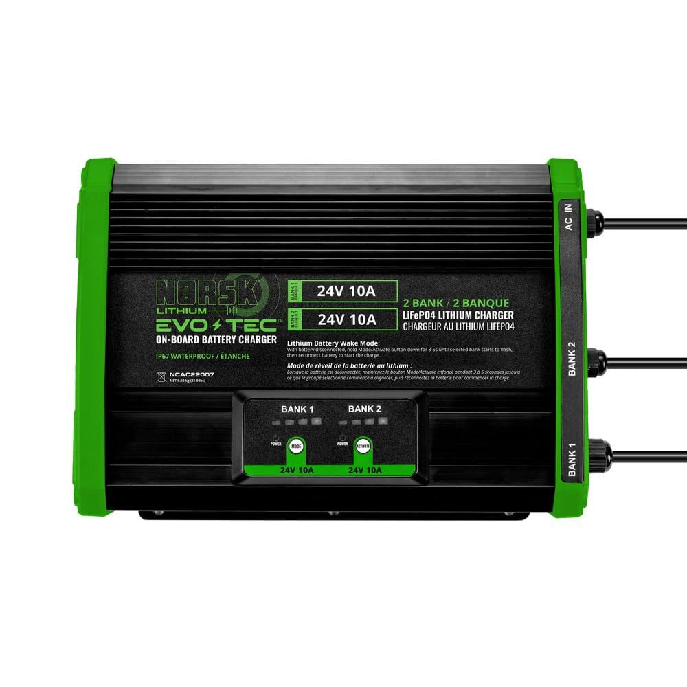 Norsk Lithium EVO-TEC™ 24V+24V 10A 2-Bank Lithium On-Board Charger | Marine Battery Charger for LiFePO4, AGM, and Deep-Cycle Batteries