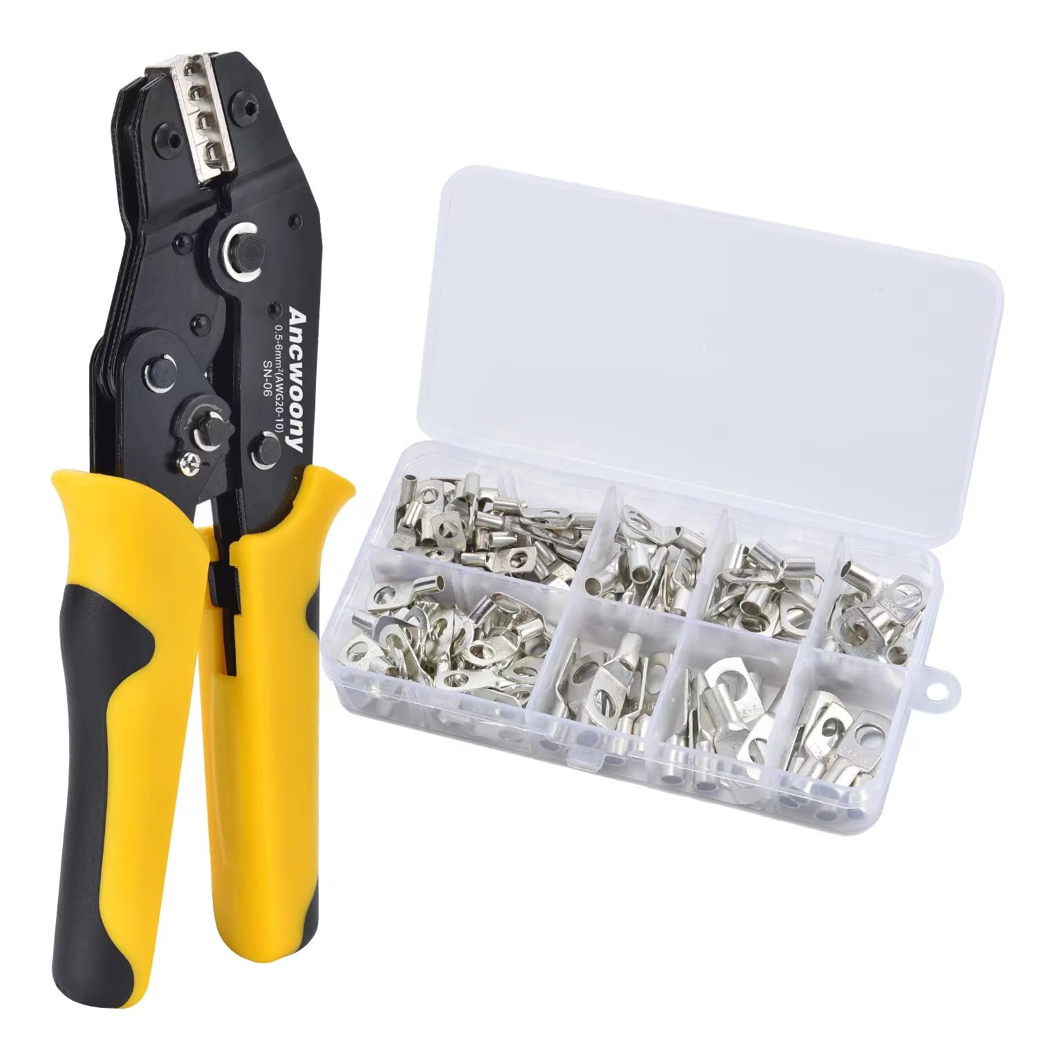 Kit de herramientas de crimpado de alambre para terminales no aislados, alicates de trinquete AWG20-10 con 150 lengüetas de alambre de cobre estañado, juego de lengüetas de batería