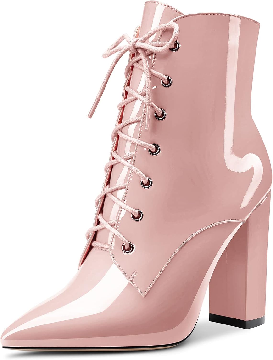 Aachcol Women Ankle Boots Short Bootie Close Pointed Toe Slip-on Chunky Block High Heel Patent Lace-up 4 Inch