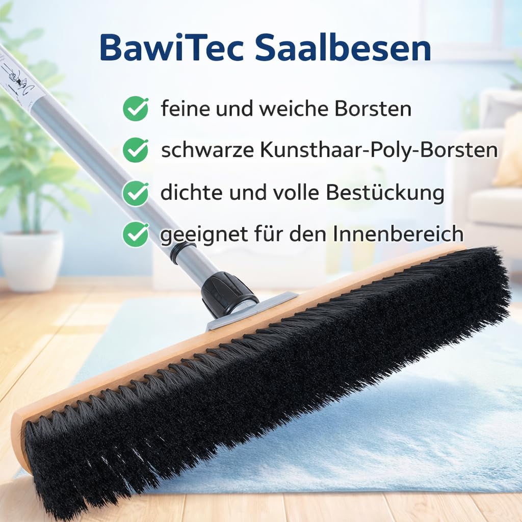 Profi Saalbesen 60cm Breit mit Teleskopstiel Stiel weiche Borsten Besen | 60cm breit, Weiche schwarze Kunsthaar-Borsten, Buchenholz, Verstellbar ausziehbar, Für Haushalt Büro Lager Werkstatt