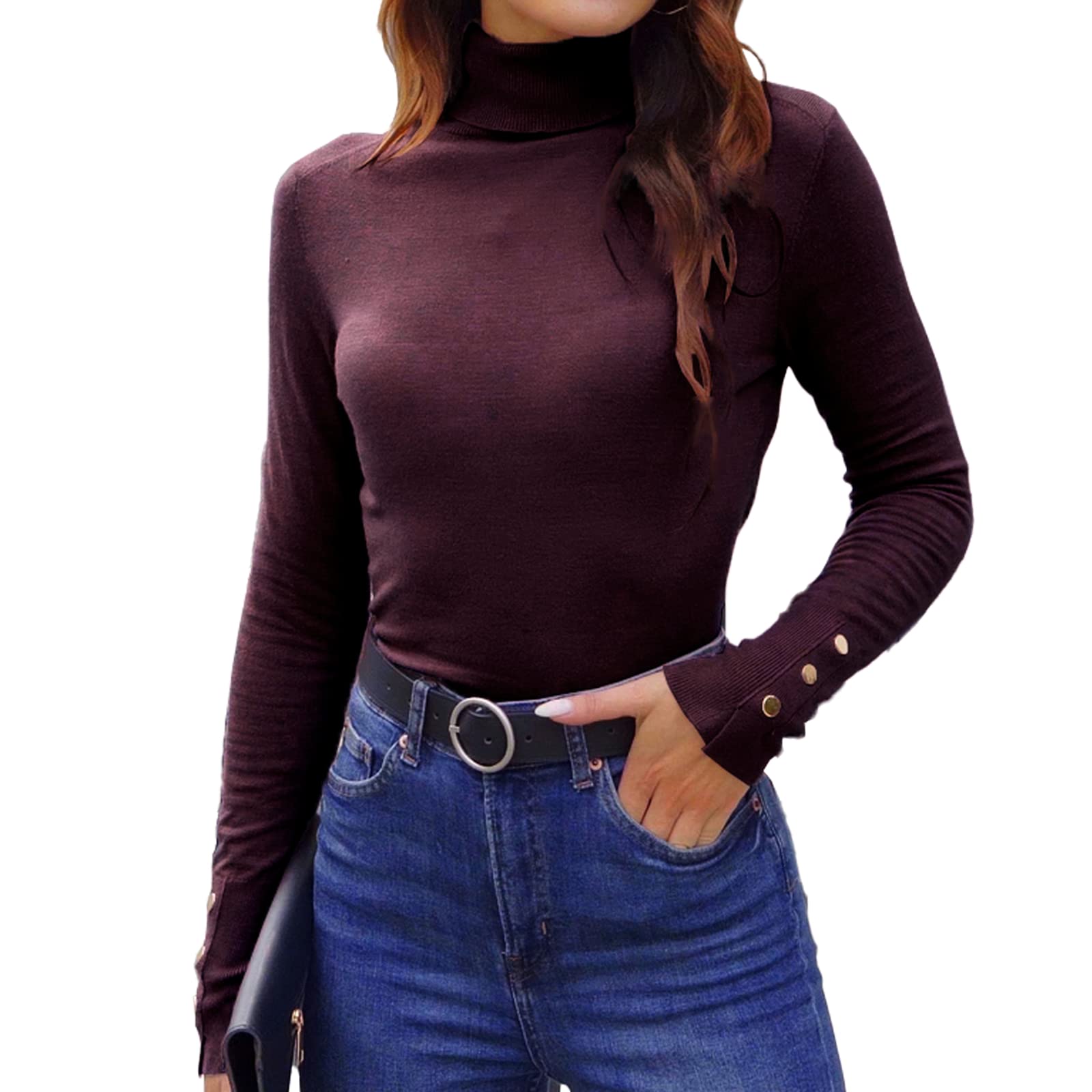 Women's Turtleneck Sweater Long Sleeve Fitted Lightweight Soft Knit Pullover with Metal Buttons