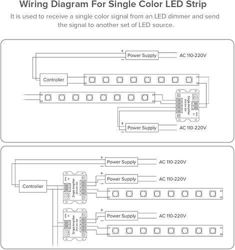 Miniatura 3 de BTF-LIGHTING COB FCOB 2835 3014 3528 5050 Tira LED de 1 canal Amplificador de señal Controlador Trabajo con V - V+ Tira LED de un solo color 2pin