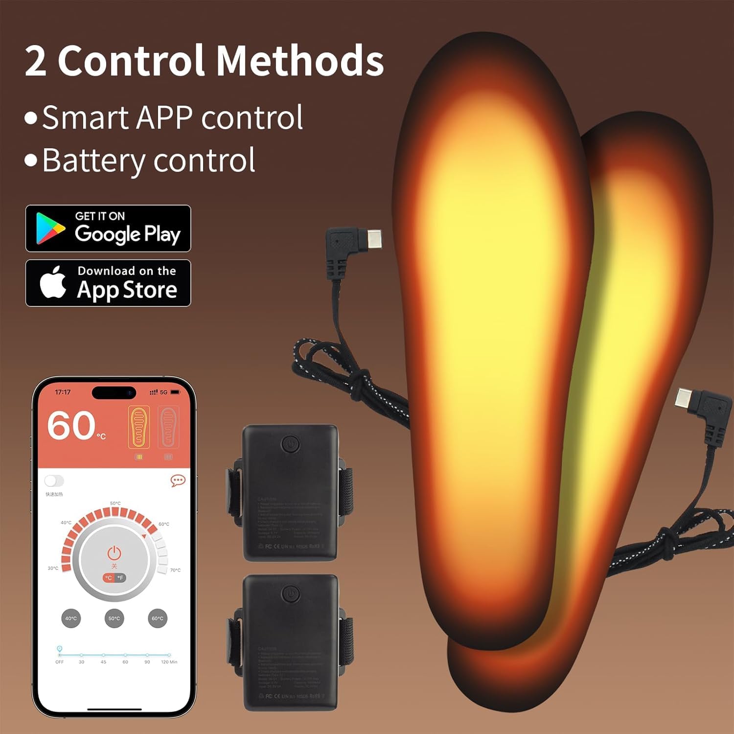 APP Control Heated Insoles for Women & Men, 5000mAh Rechargeable Foot Toe Warmers for Hiking, Camping, Skiing & Hunting