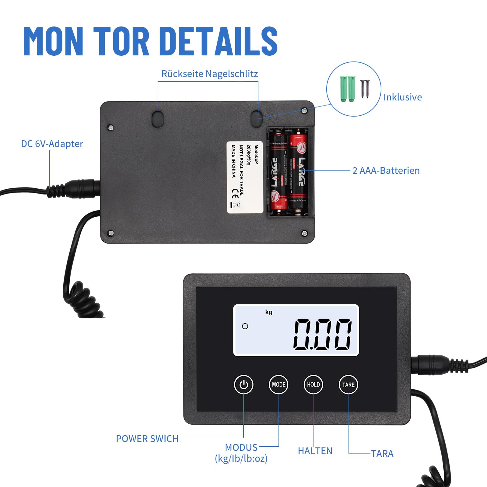UNIWEIGH Paketwaage 200kg Plattformwaage 10g Genauigkeit Postwaage mit Hold & Tara LCD Display