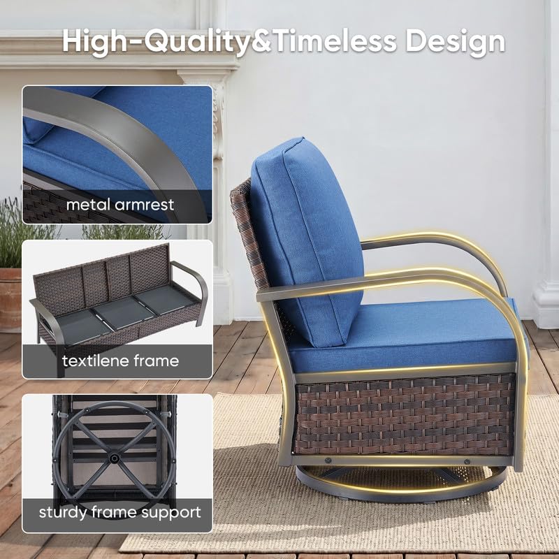 Image of Rilyson 3 Seat Outdoor Wicker Couch, Rattan Patio Sofa with Blue Cushions | Metal Armrest, High Back and Deep Seating, Water-Resistant, Fade-Resistant, Removable Cover, Stain-Resistant
