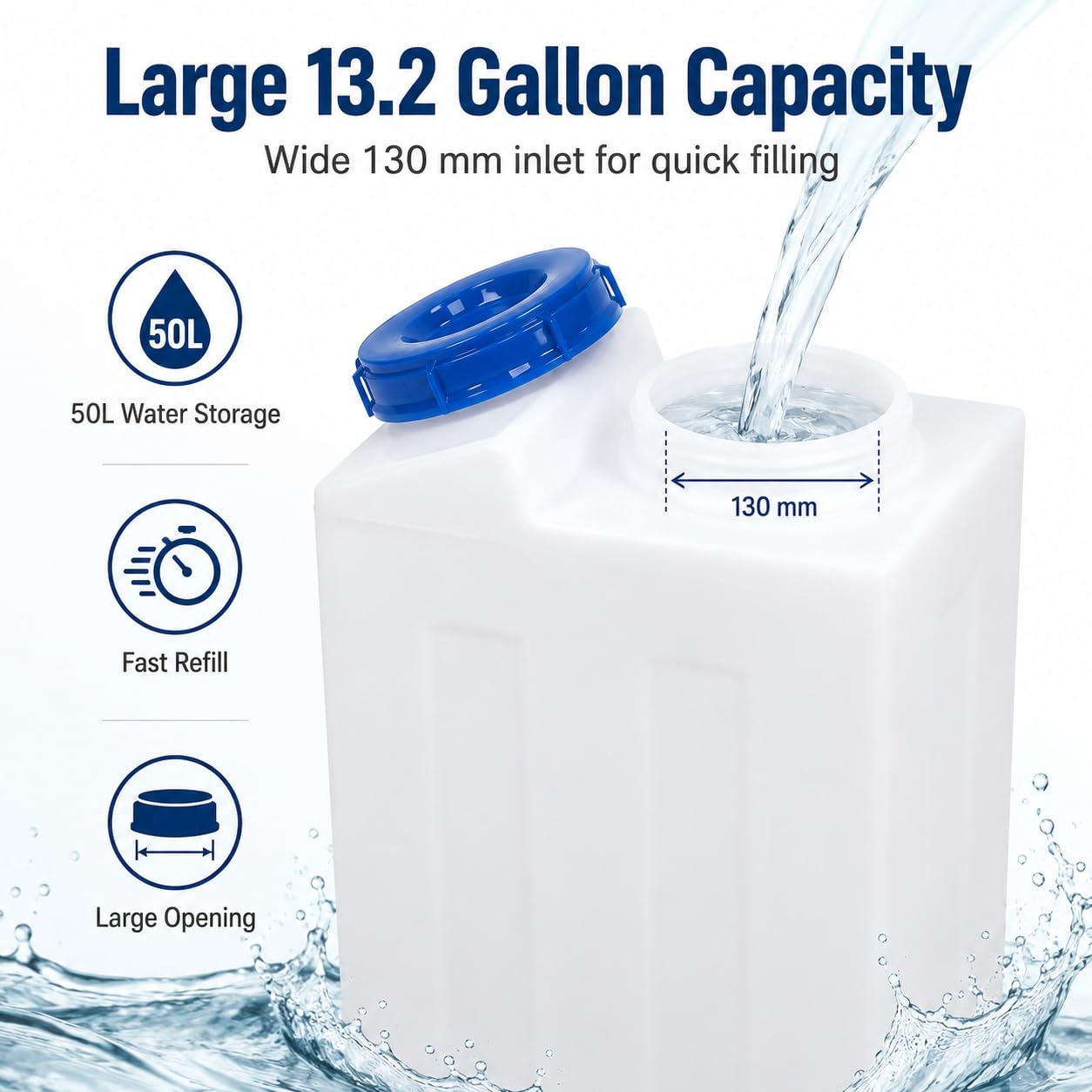 50 L LLDPE Trinkwassertank, Quadratischer Frischwassertank für Wohnmobil, Wohnwagen, Anhänger und Boot, Wasserbehälter 50L, und Kältebeständig für Camping Outdoor
