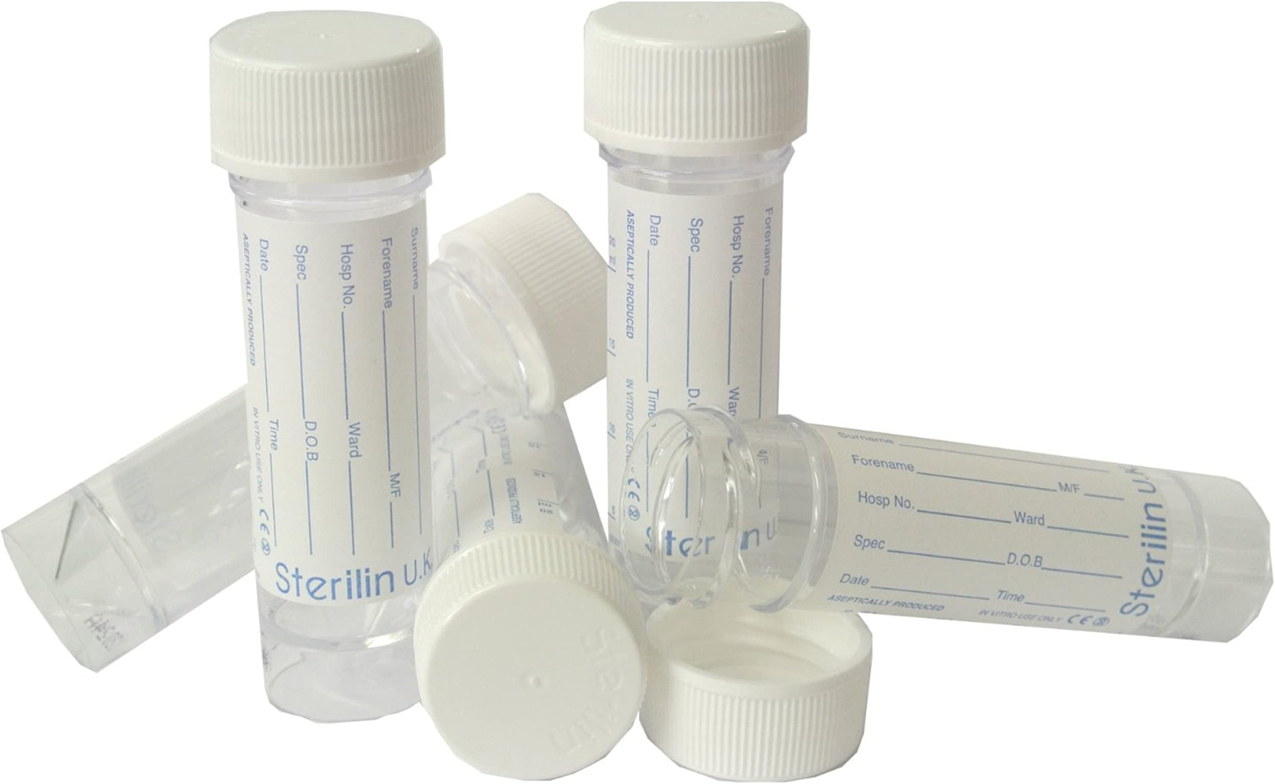 50 x Sterilin Urine Sample / Specimen Bottle / Pot / Container with Lid & Printed Label…