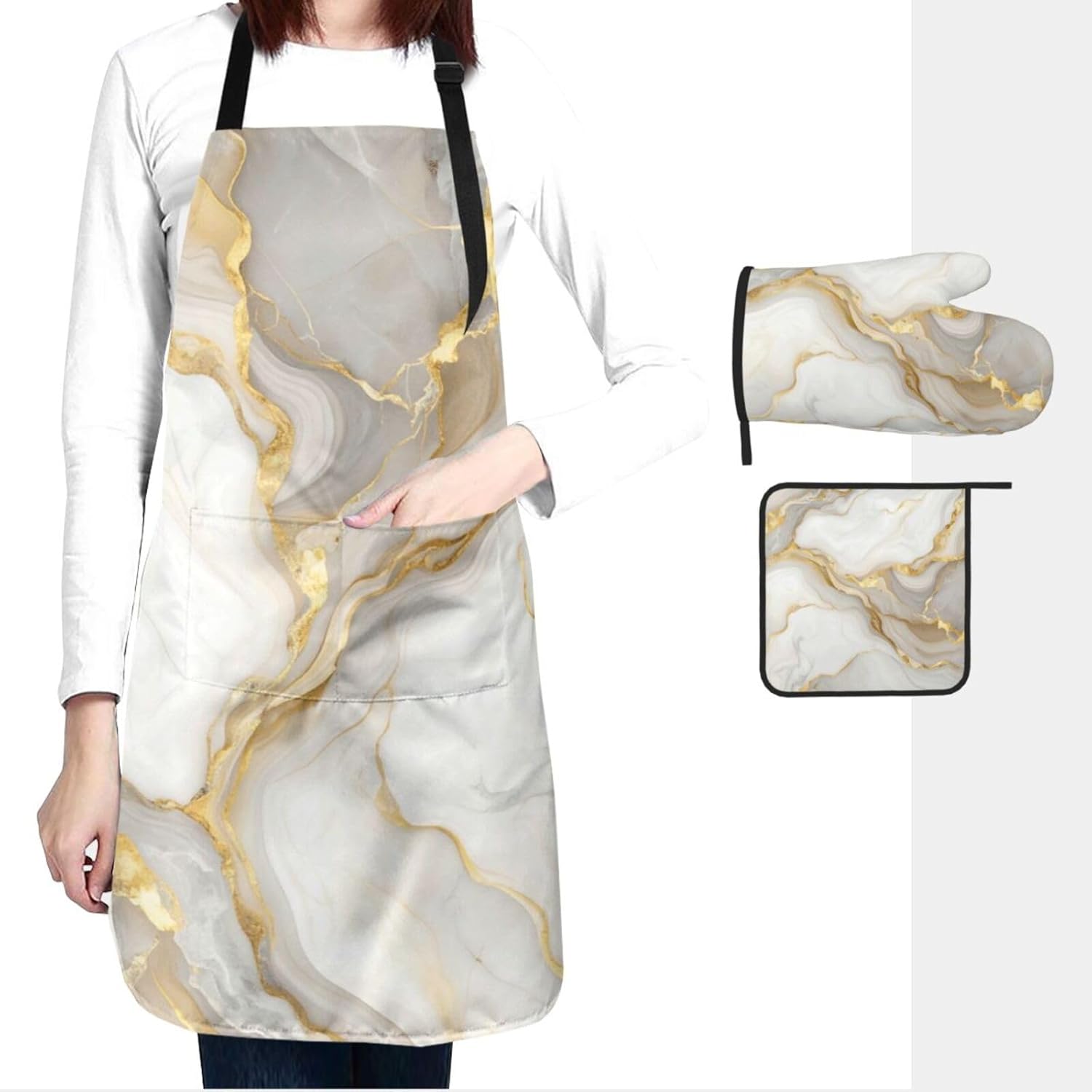 Cute Bunnies 3 Piece Kitchen Set Waterproof Apron with Oven Mitt Pot Holder Cooking Adjustable Apron