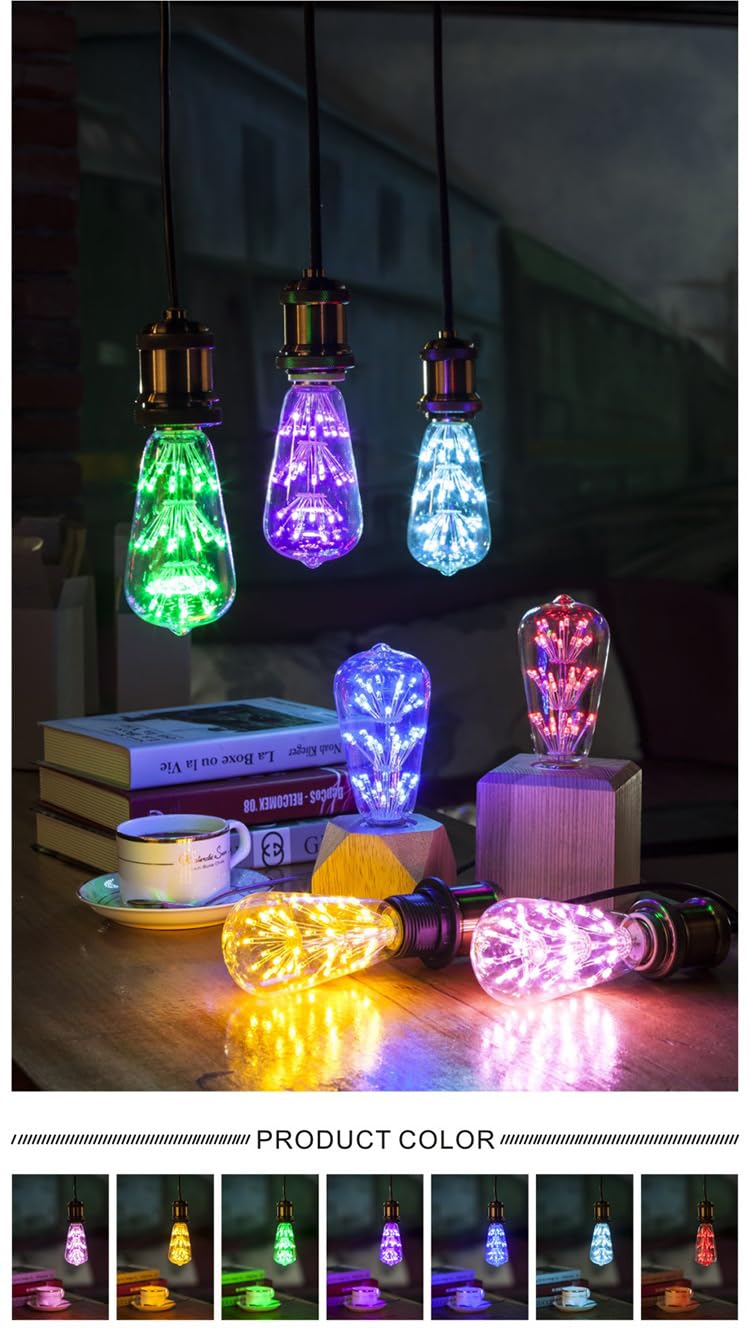 Juego de 2 bombillas LED edison, bombillas retro fuegos artificiales e27 220V 3W bombillas decorativas para fiestas en Navidad en casa (C multicolor)