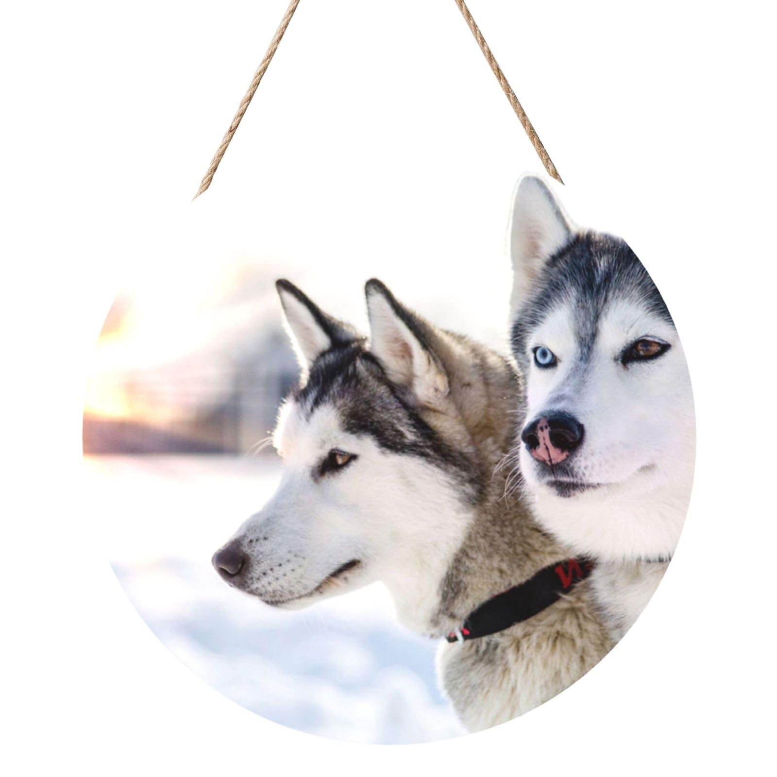 InOmak Two Siberian Husky Dogs, Round Wood Panel Painting 12 in, Wall Hanging Painting For Home