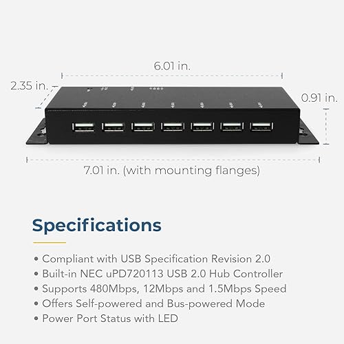 Miniatura 5 de Coolgear Hub USB 2.0 delgado de 7 puertos con adaptador de corriente - 480 Mbps de datos, LED, montaje en superficie y pared