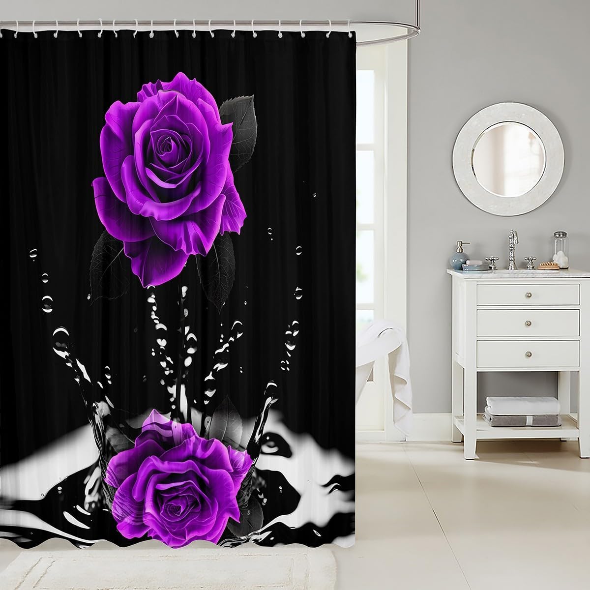 Feelyou Purple Rose Fabric Shower Curtain for Girls Boys Romantic Floral Blossom Bathroom Waterproof Accessories with 12 Hooks Black Purple Shower Curtain for Lover Curtains,72x78 Inches