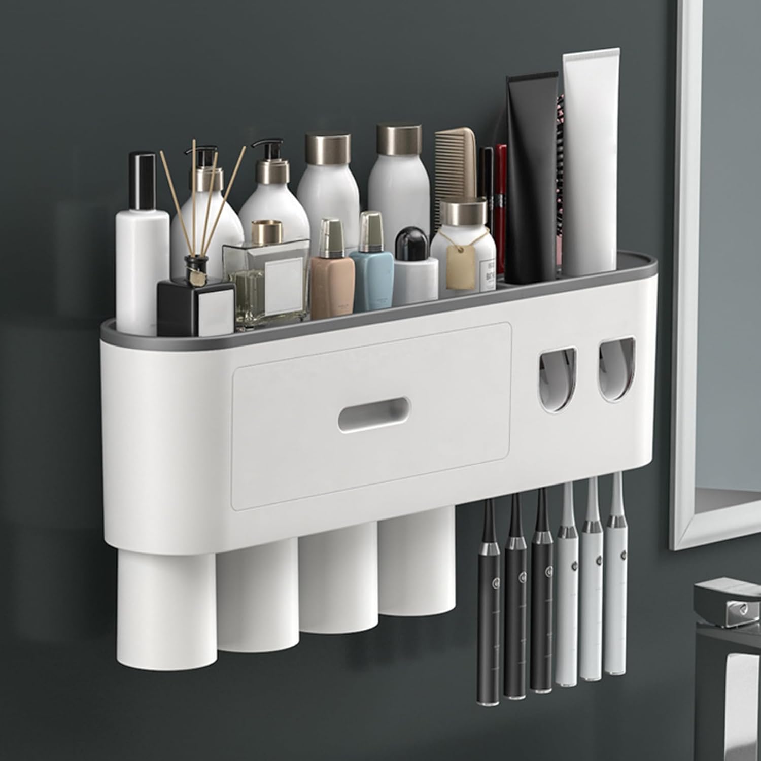 Toothbrush Holder Wall Mounted, Automatic Toothpaste Dispenser with 4 Magnetic Cups, 6 Brush Slots, Storage Tray & Drawer for Bathroom Organization, Homeused