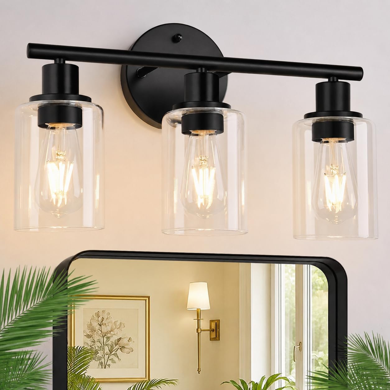 Zarbitta 3-Light Bathroom Light Fixtures, 17.23" Black Modern Vanity Lights with Clear Glass Shade, Bathroom Wall Lamp for Mirror Kitchen Living Room Hallway Cabinet Porch
