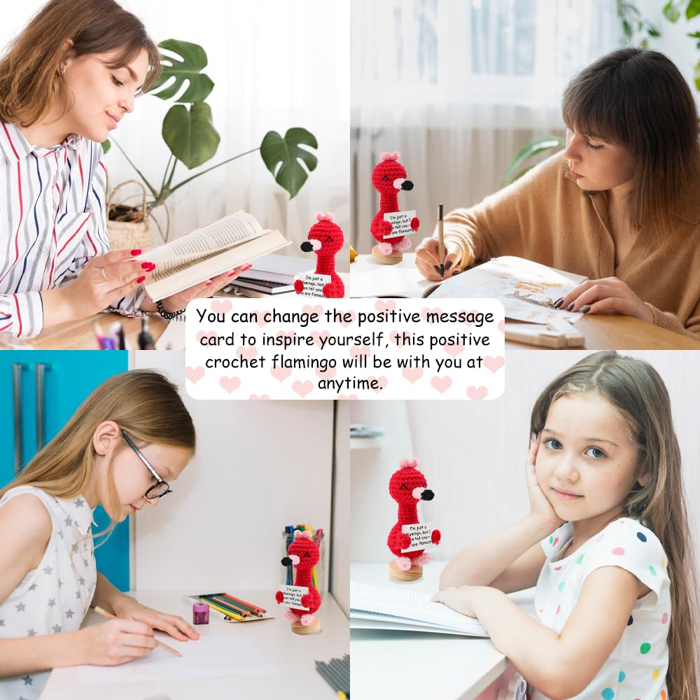 AWARDSEN Positiver Flamingo – Handgehäkeltes Tier Mit Motivationskarte, Emotionaler Unterstützer, Geschenk Für Frauen & Männer, Rot/rosa