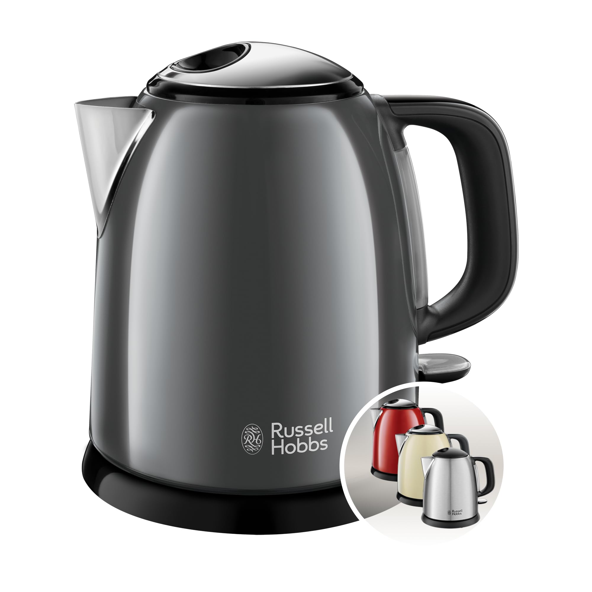 Russell Hobbs Bollitore acqua elettrico, 1 L, 2400 W, Compatto, 3 Tazze, ebollizione rapida, Filtro anticalcare rimovibile e lavabile, Bollitore da viaggio, Acciaio Inox, ColourPlus Grigio 24993-70