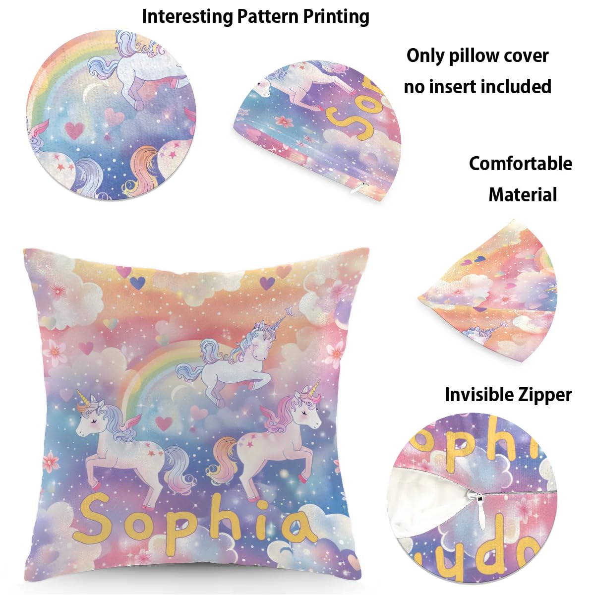 Personalized Cute Unicorn Square Pillowcase for Kids-Girls,Custom Name Cushion Covers,Custom Gifts Throw Pillow Cover for Girls Children Birthday,for Sofa Car Bedroom (Cover Only),Orange Purple