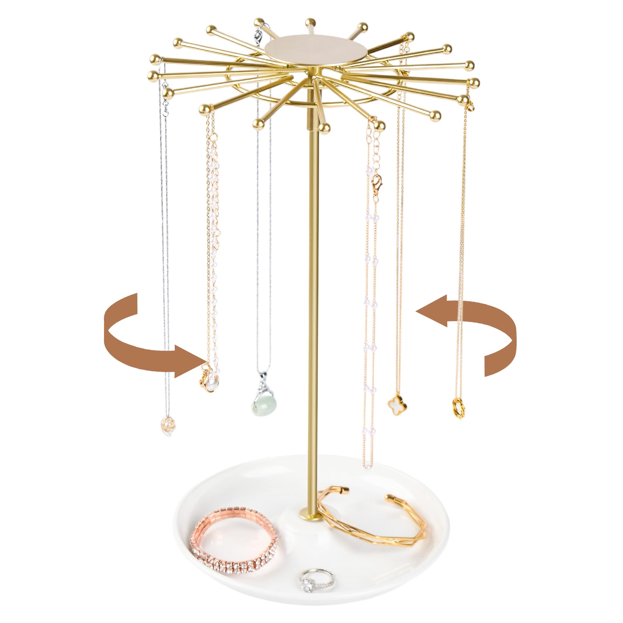 AmaQueen Rotating Necklace Hanger Organizer Tree with Jewelry Tray, Gold Spinning Necklace Chain Display Holder Stand Storage (Golden)