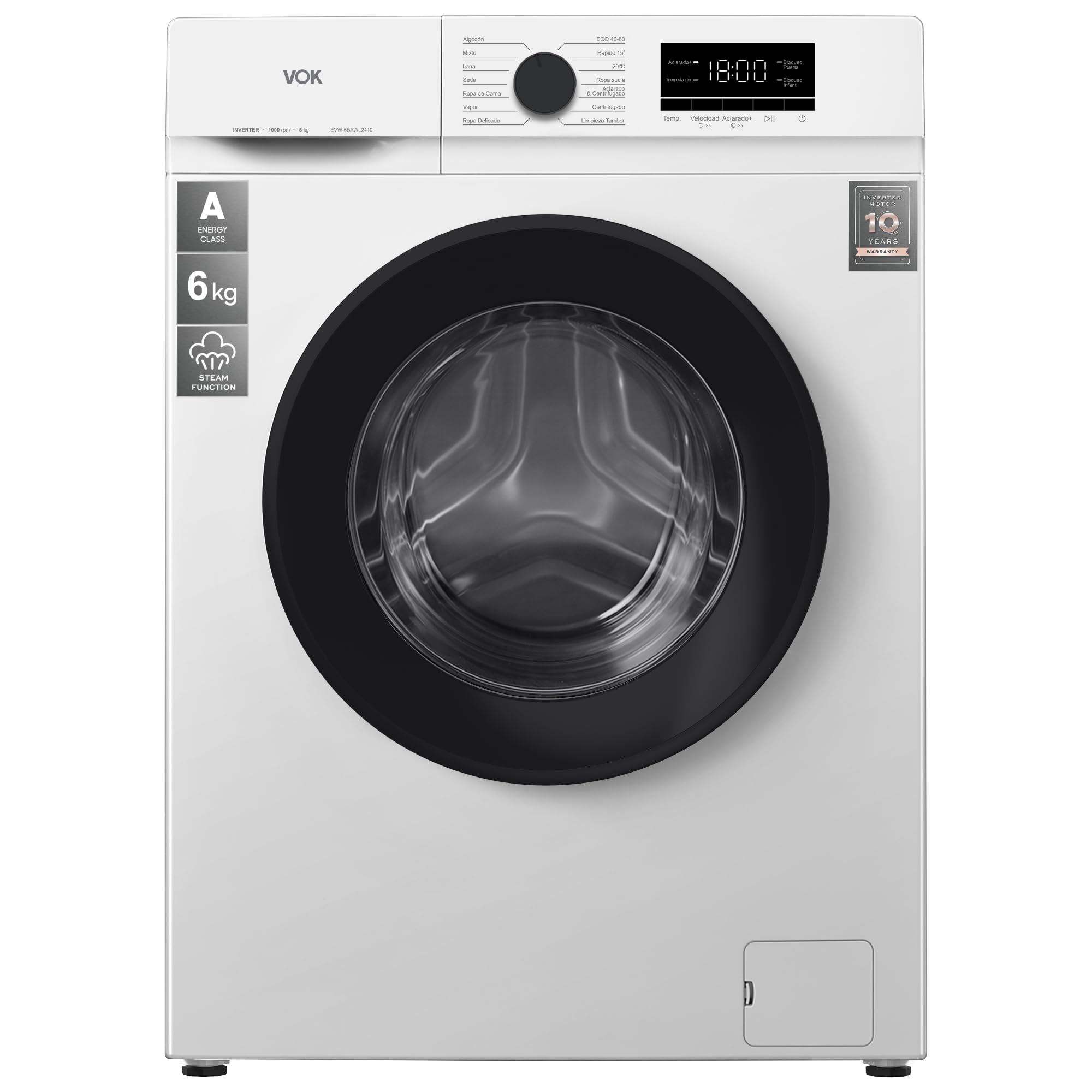 VOK Lavadora EVW-6BAWL2410 6 kg Carga Frontal – Clase A, Inverter Silencioso, 14 Programas, 1000 RPM, Vapor Antiarrugas, Fondo reducido(42cm), Blanco