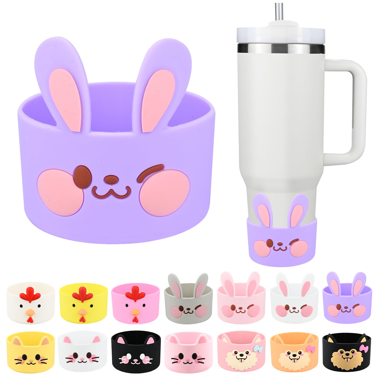 Cute Animal Silicone Boot for Stanley 40 oz, Bottle Bottom Protector Cover for Tumbler, Stanley Cup Boot 20 30 oz, Cup Accessories for Quencher IceFlow (Rabbit-Purple)