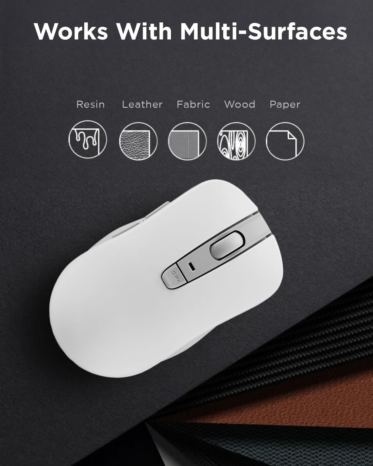 Lenovo WL300 mouse on a surface with icons for different materials
