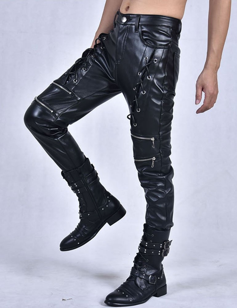 Idopy Pantaloni in su UP merlettano i Pantaloni Neri di Cuoio del Faux di Stile degli Uomini