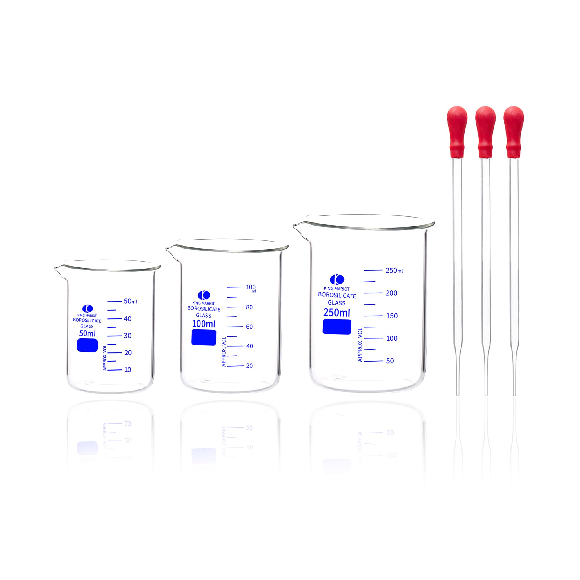 Set of 6 Heavy Duty Borosilicate Glass Graduated Beaker 50ml, 100ml, 250ml Capacity + 3 Glass Droppers High Grade Borosilicate 3.3 Glassware For Labware Biology Chemistry Laboratory