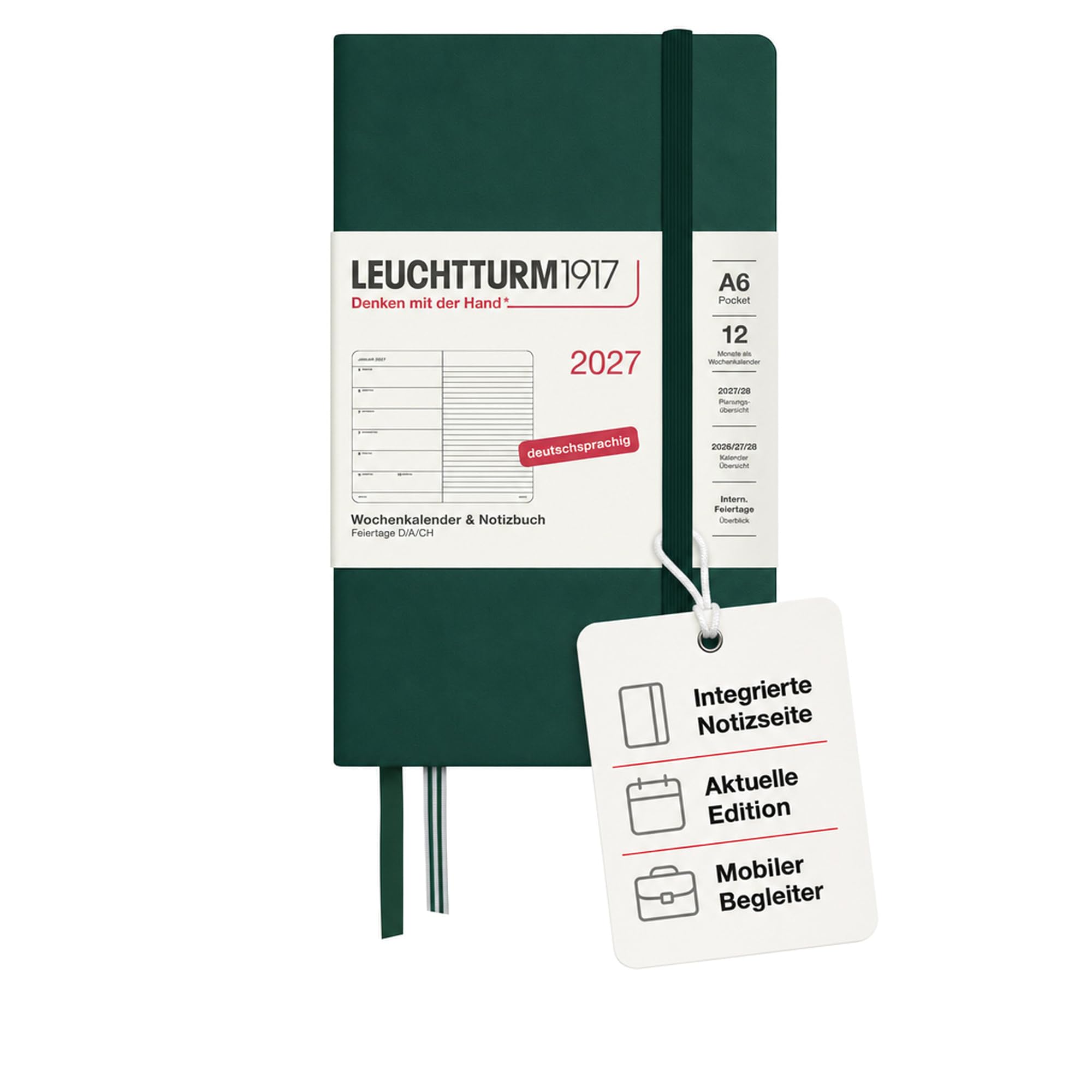LEUCHTTURM1917 2027 Pocket A6 Weekly Planner with Notebook - German Diary Forest Green January to December 2027 - Left Week to View + Notes Page on the Right — image 1
