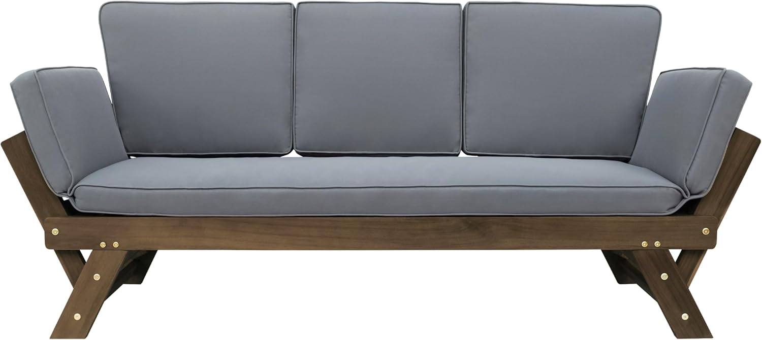 GOWE Outdoor Adjustable Patio Wooden Daybed Sofa Chaise Lounge with Cushions for Small Places, Brown Finish+Gray Cushion