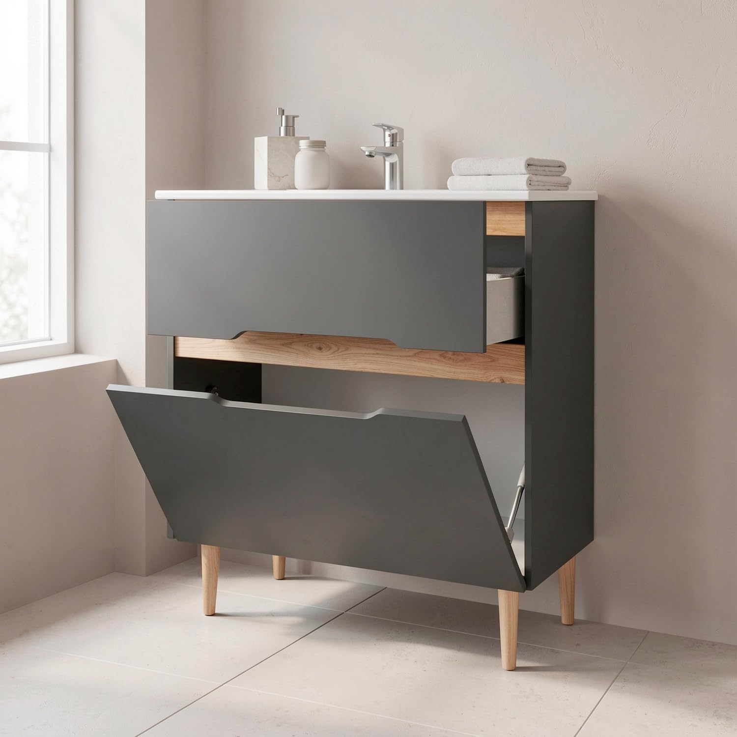 Arreditaly Mobile Bagno A Terra Con Lavabo In Ceramica E Specchio Inclusi 1 Cassetto Soft Close E 1 Anta A Vasistas Design Moderno Salvaspazio 80 x 45 x 80 Cm Colore Grigio Antracite E Rovere