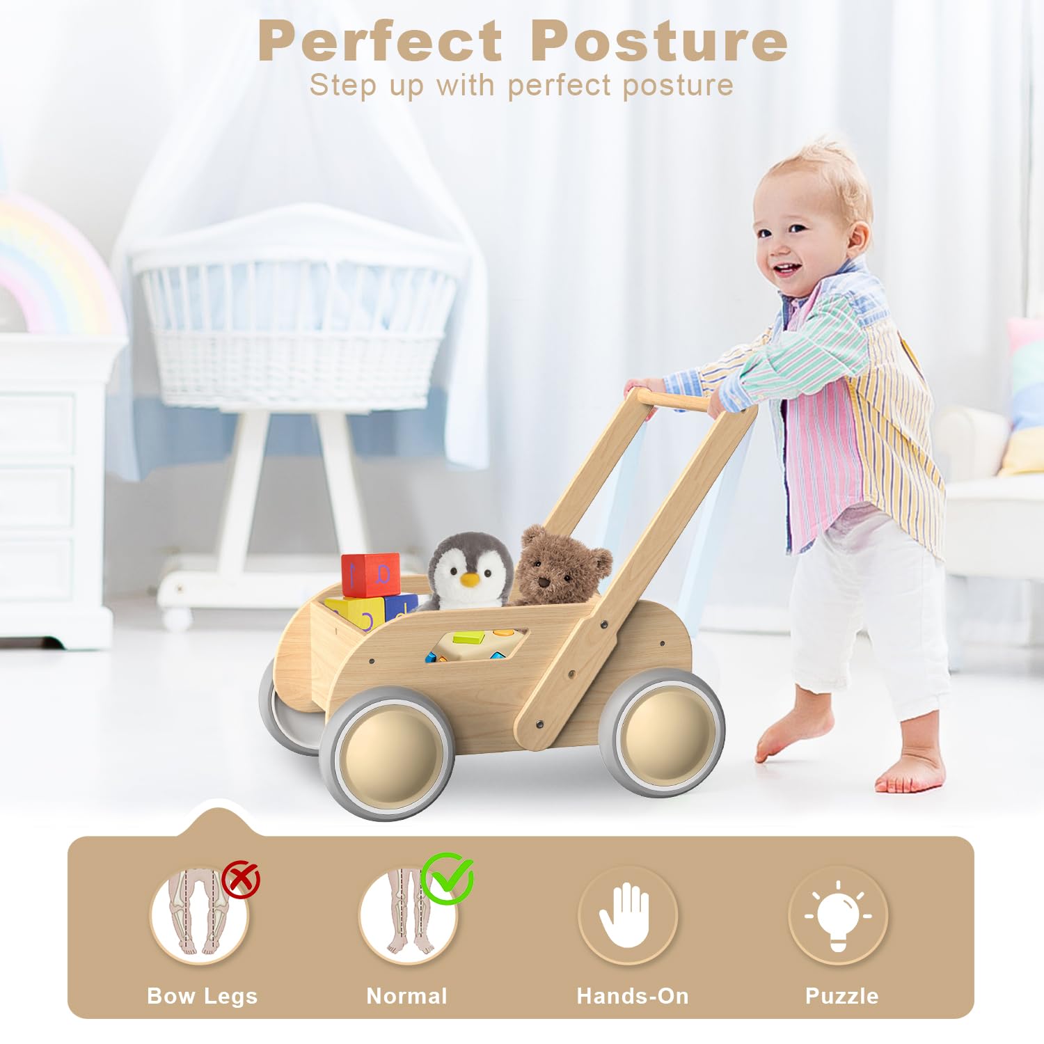 Girello in legno, per imparare a spingere e tirare, per neonati e bambini, con ruote, regalo per compleanno e Natale, naturale