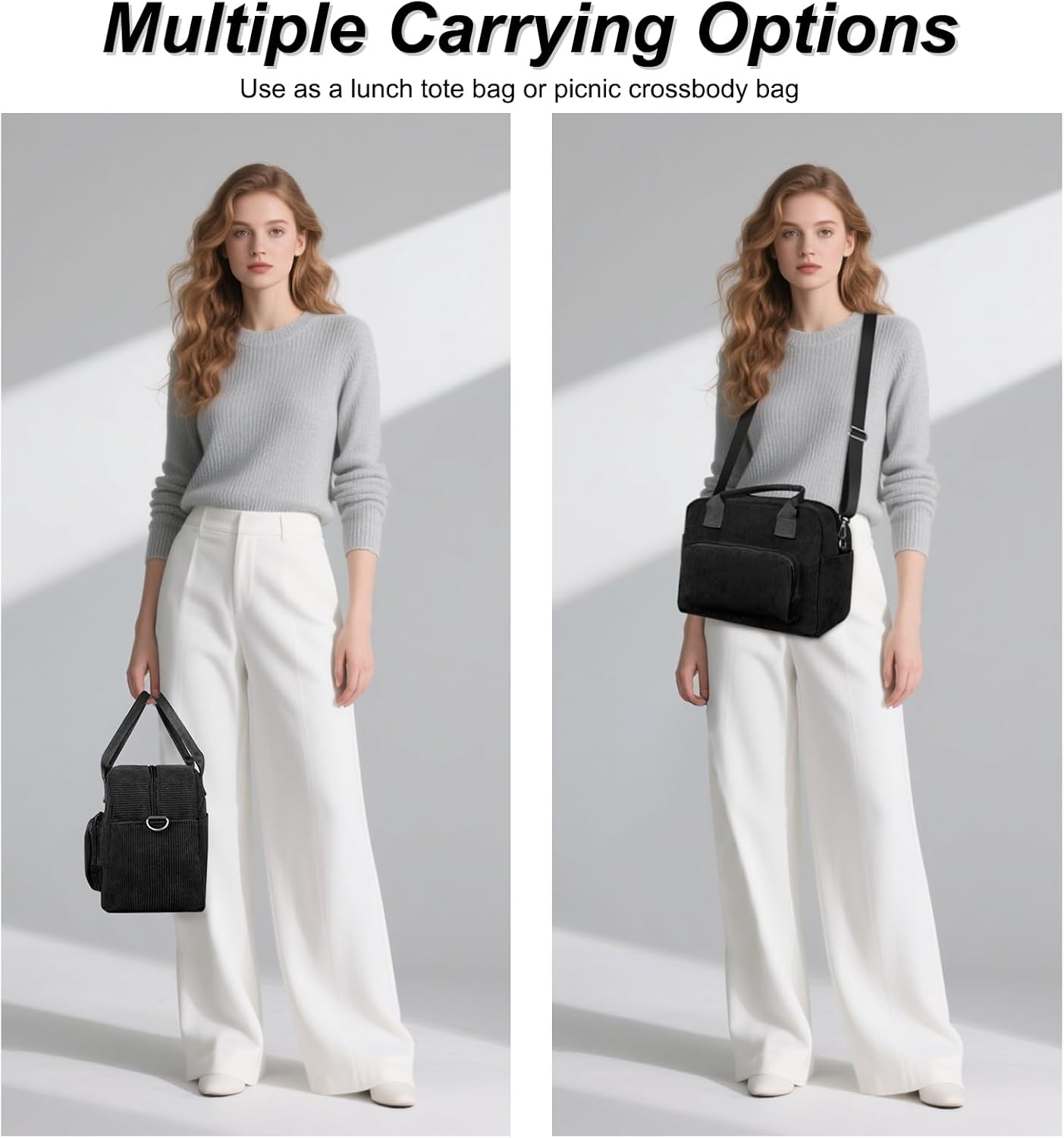 FITDON Insulated Lunch Bag for Women Men, Large Lunch Box Container Leakproof Corduroy Cooler Bag Lunch Tote Bag for Work Picnic, Black - Image 6